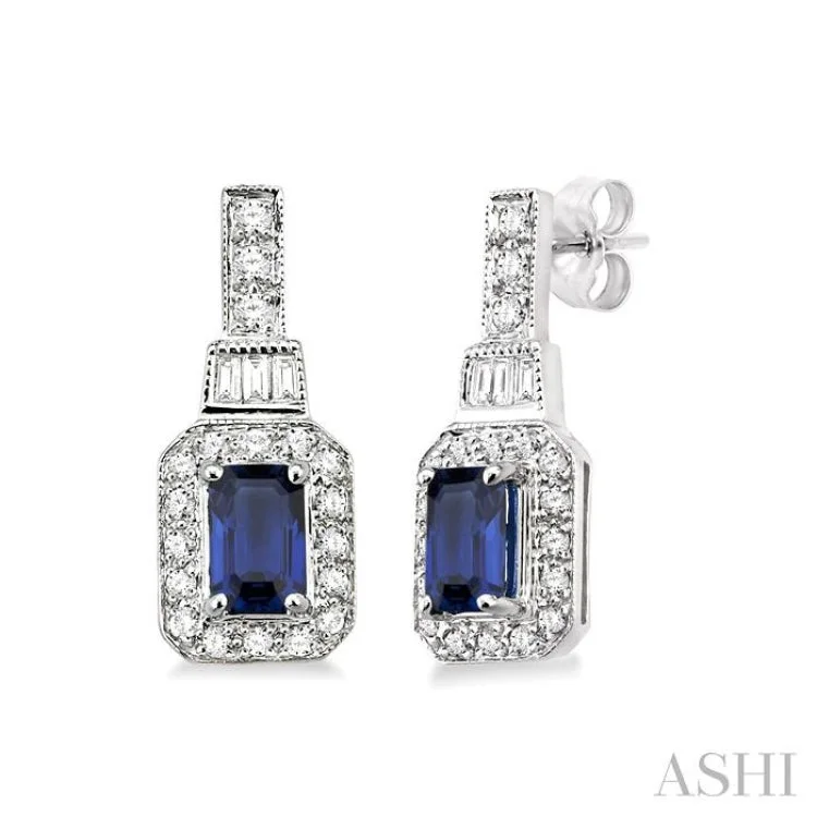 Women’s diamond hoop earrings-5x3 MM Octagon Cut Sapphire and 1/4 Ctw Round and Baguette Cut Diamond Earrings in 14K White Gold