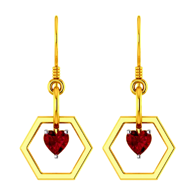 Women’s elegant earrings-Hexagonal 18k Gold Earrings With American Diamond-studded Mini Heart Pendant