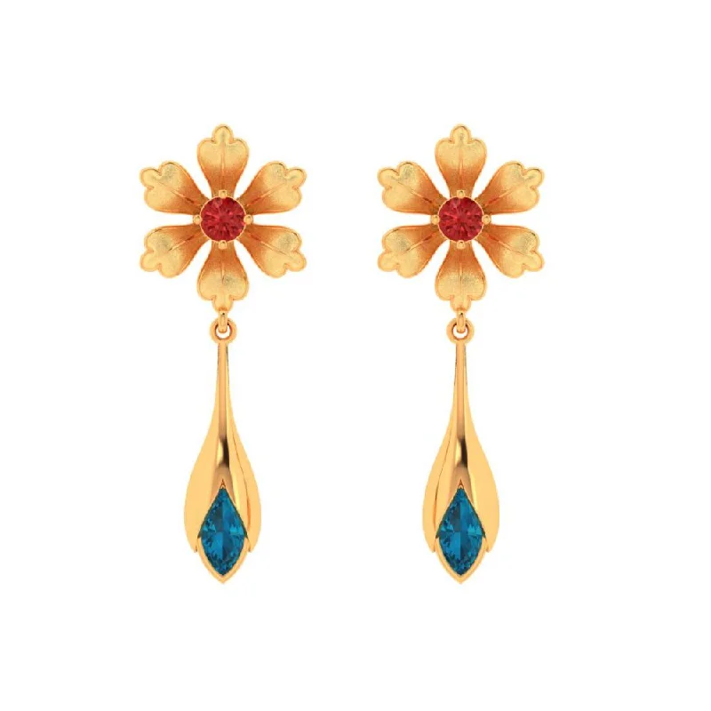 Women’s birthstone earrings-Floral Style 18k Gold Blue And Red Gems Earrings