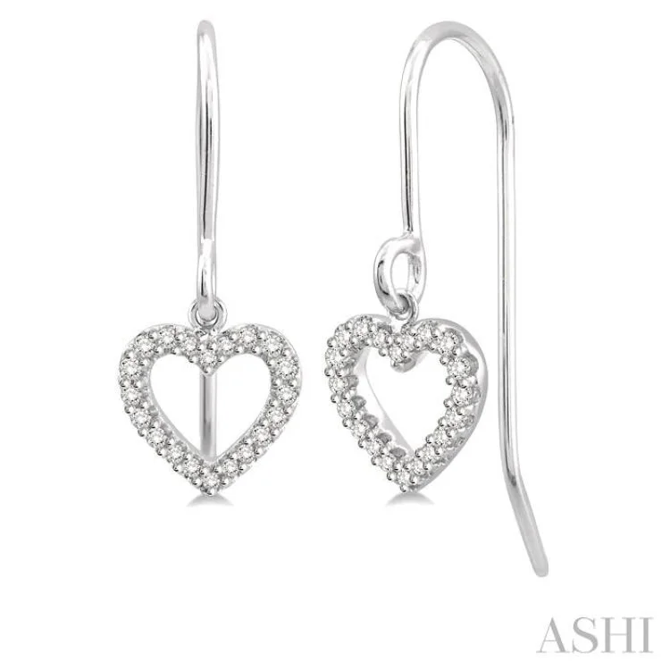 Women’s heart diamond earrings-1/6 Ctw Hollow Cut Heart Charm Round Cut Diamond Earrings in 10K White Gold