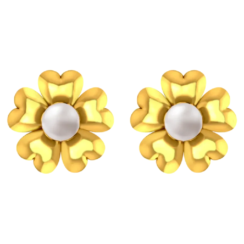 Women’s large gold earrings-18k Gold Earrings With A Five-petal Floral Design And A Pearl Centre