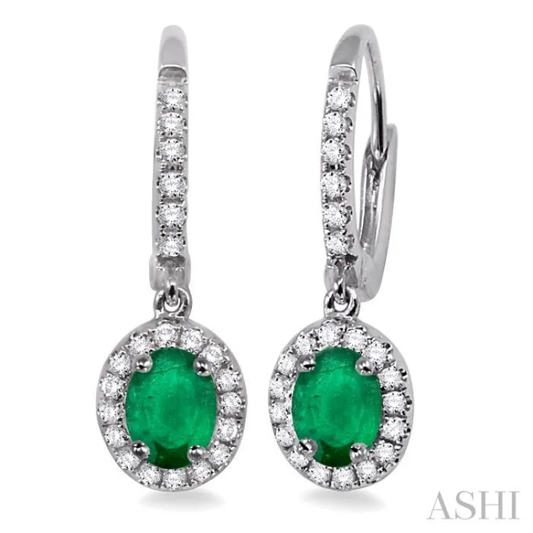 Women’s large hoop earrings-5x3 mm Oval Cut Emerald and 1/4 Ctw Round Cut Diamond Earrings in 14K White Gold