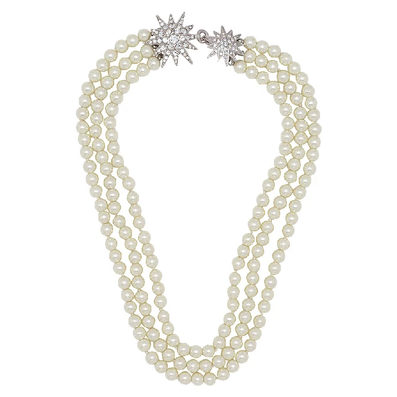 Women’s fashion statement necklaces-Three Row Pearl Necklace with Starburst Clasp