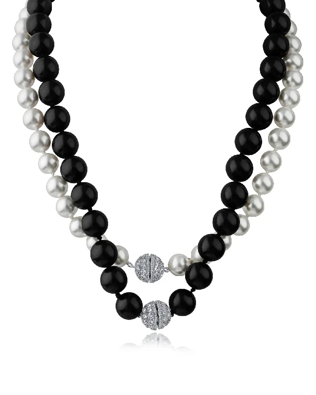 Women’s spiritual necklaces-Pearl & Black Onyx Double Pave Cubic Zirconia Necklace