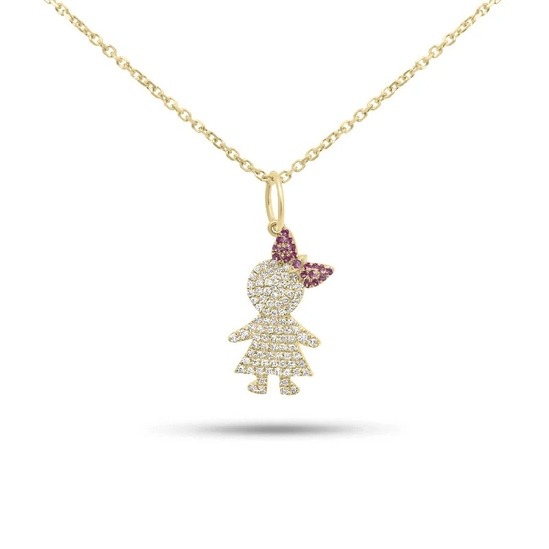 Women’s rose gold necklaces-Diamond & Pink Sapphire Girl Pendant