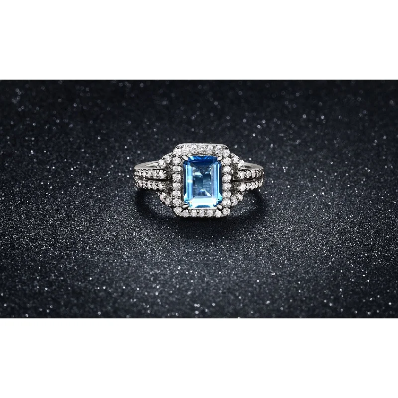 Women’s diamond rings-4.50 Cttw Light Blue Emerald Cut Cocktail Ring In White Gold