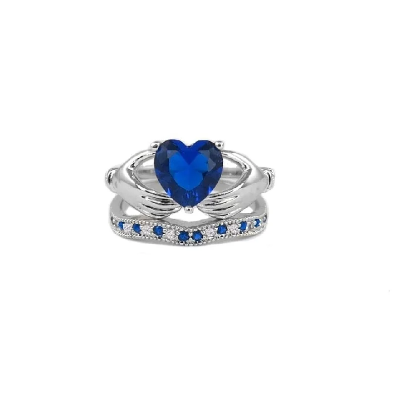 Women’s colorful gemstone rings-3.50Cttw Sapphire Heart Cut Claddagh Ring And Band Set