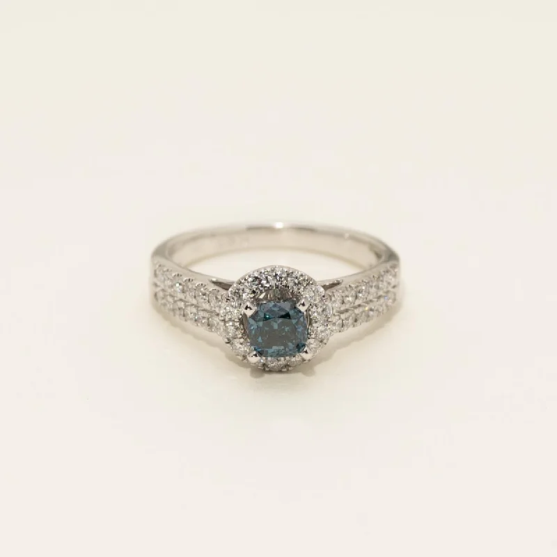 Women’s modern engagement rings-Blue Diamond Halo Engagement Ring in 14kt White Gold (1ct tw)