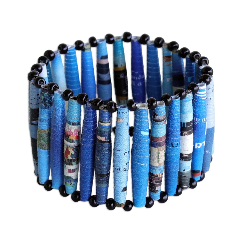 Women’s gold chain bracelets-Novica Handmade Tribal Links In Blue Beaded Recycled Paper Stretch Bracelet