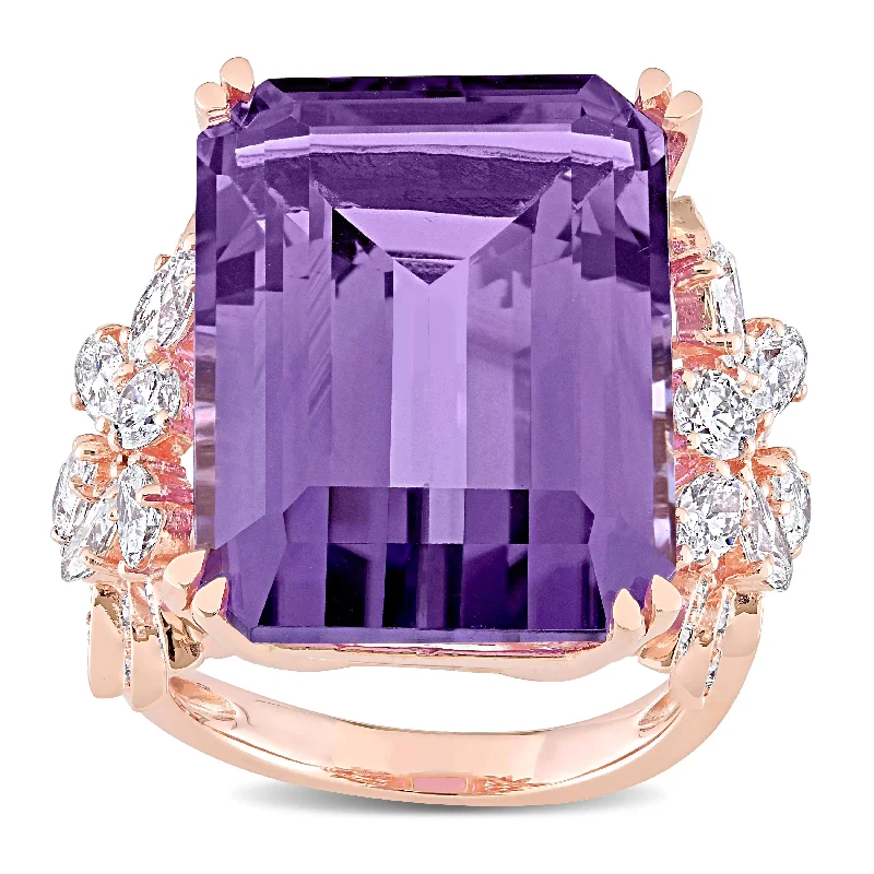 Women’s engagement ring with colored stones-Miadora Rose Gold Octagon-Cut Amethyst and 1 3/4ct TDW Diamond Floral Cocktail Ring