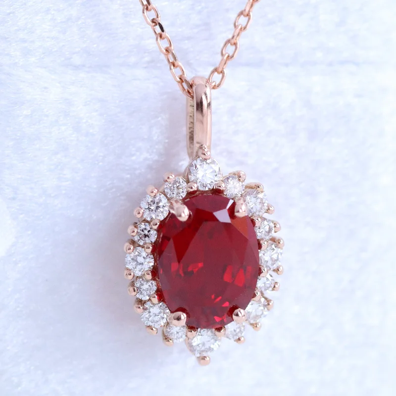 Women’s geometric necklaces-Oval Ruby Diamond Necklace in 14k Gold Tiara Halo Pendant Chain