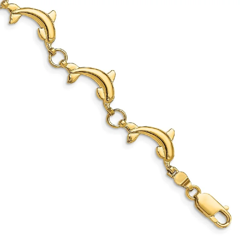 Women’s silver charm bracelets-14k Yellow Gold 6.34mm Polished Dolphin Bracelet, 7.5"