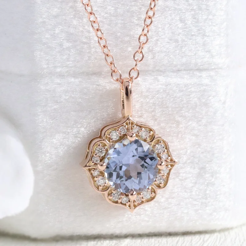 Women’s diamond necklaces-Natural Lavender Sapphire Necklace in 14k Rose Gold Vintage Floral Diamond Pendant