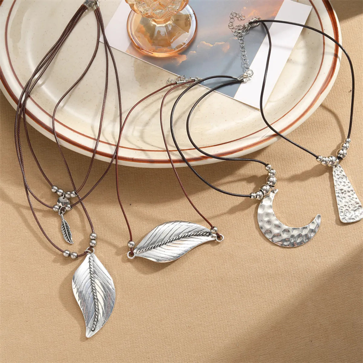 Women’s tennis necklaces-Retro Commute Leaf Moon Ccb Alloy Wax Rope Irregular Plating Unisex Layered Necklaces Pendant Necklace