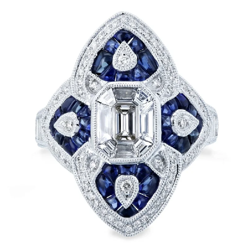 Women’s cocktail rings-Annello by Kobelli 14K White Gold 2 1/2ct TGW Diamond and Sapphire Cabochon Ornate Long Pointed Ring - Size 7