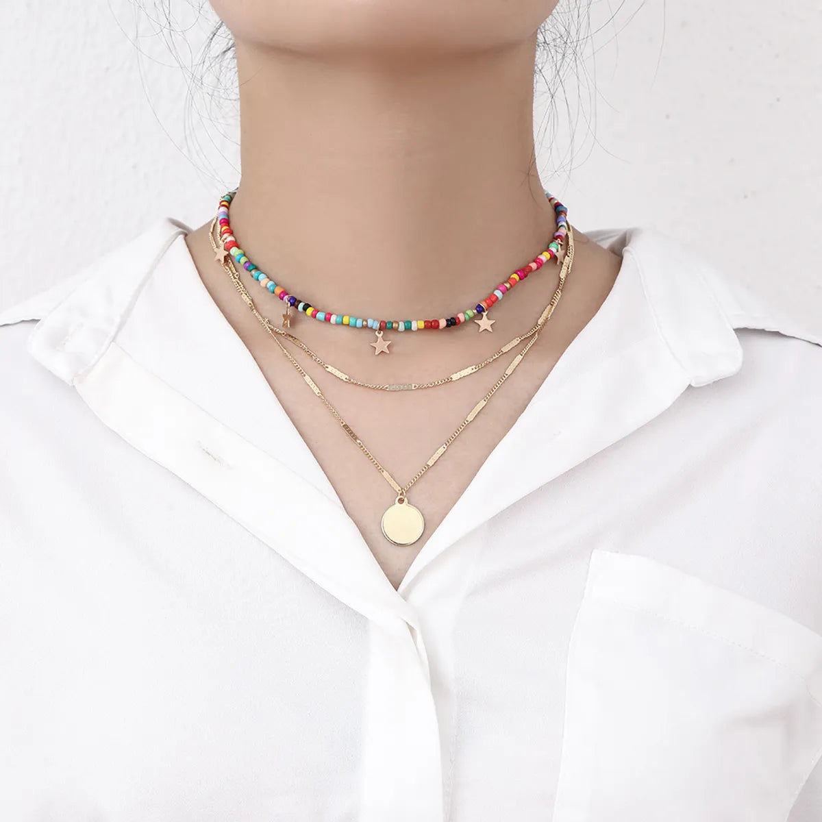 Women’s gold-plated necklaces-Wholesale Jewelry Retro Color Beaded Star Disc Pendant Necklace Gooddiy