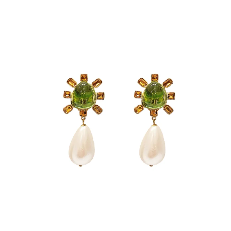 Women’s cross necklaces-Topaz and Peridot Cabochon Center Pearl Drop Clip Earring