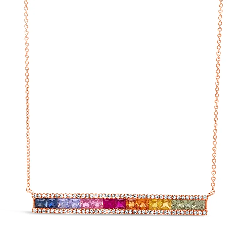 Women’s fashion necklaces-Rainbow Gemstone & Diamond Baguette Bar Necklace