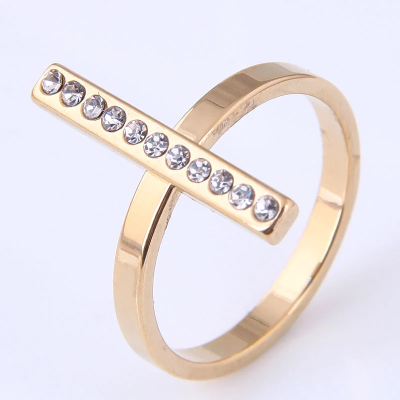 Women’s heart diamond rings-Korean Fashion Hip-hop Strips Simple Diamond-studded Stainless Steel Ring