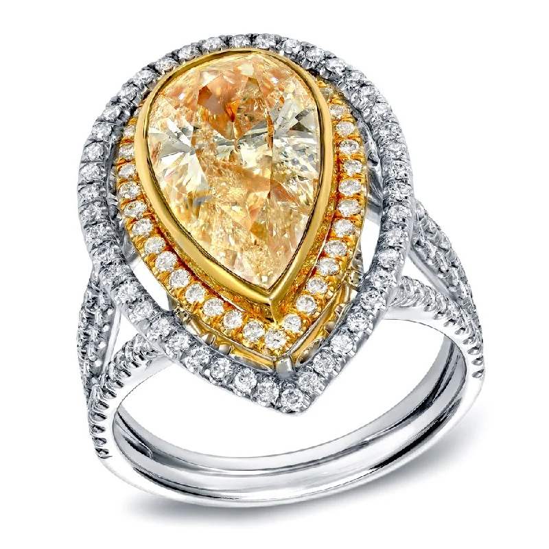 Women’s stackable rings-Auriya 14k Two-tone Gold 4ct TDW Fancy Yellow Diamond Pear Halo Ring (G-H, SI1-SI2)