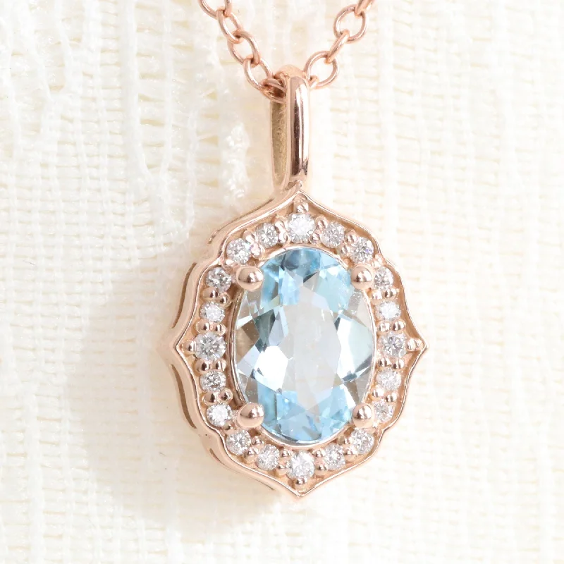 Women’s layered necklaces-Oval Aquamarine Diamond Necklace in 14k Gold Vintage Floral Halo Pendant