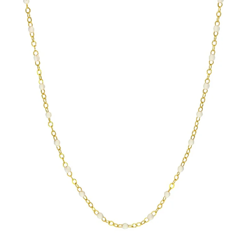 Women’s bold statement rings-Curata 14k Yellow Gold 18" White Enamel Bead Piatto Chain Necklace (Spring-ring)