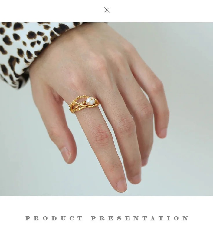 Women’s statement rings-Elegant Geometric Copper Plating Pearl Rings