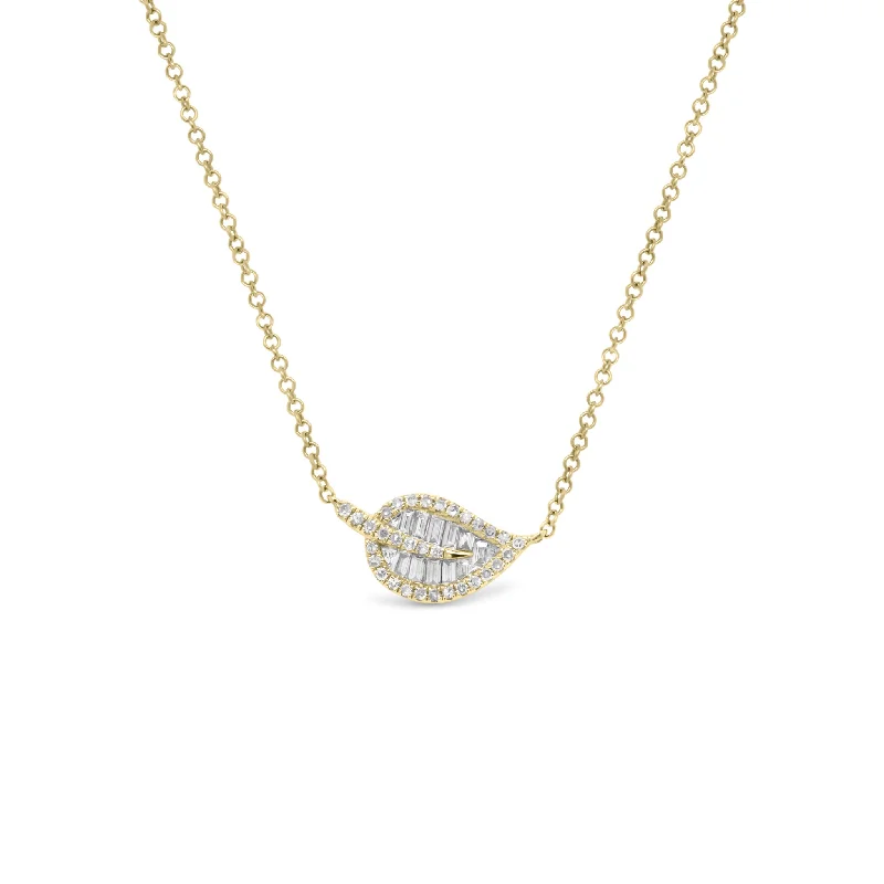 Women’s spiritual necklaces-Baguette Diamond Leaf Pendant Necklace