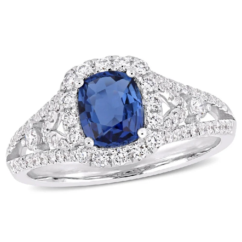 Women’s oval rings-Miadora 14k White Gold Blue Sapphire and 5/8ct TDW Diamond Halo Ring