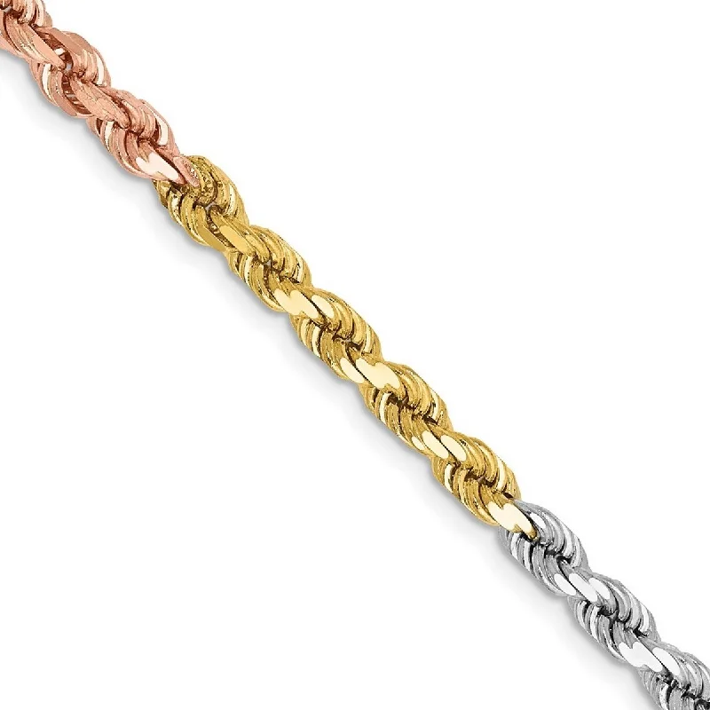 Women’s colorful cuff bracelets-Curata 14k Tri Color Solid Gold 4mm Sparkle Cut Rope Chain Bracelet Lobster Claw