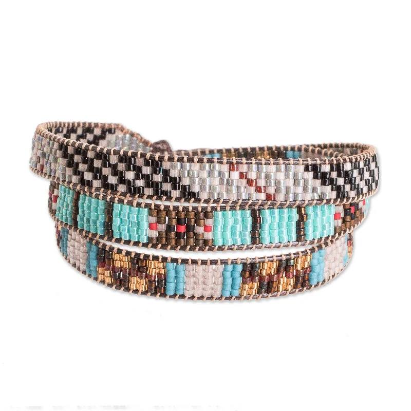 Women’s cuff bracelets-Novica Handmade Geometric Revolution Glass Beaded Wrap Bracelet