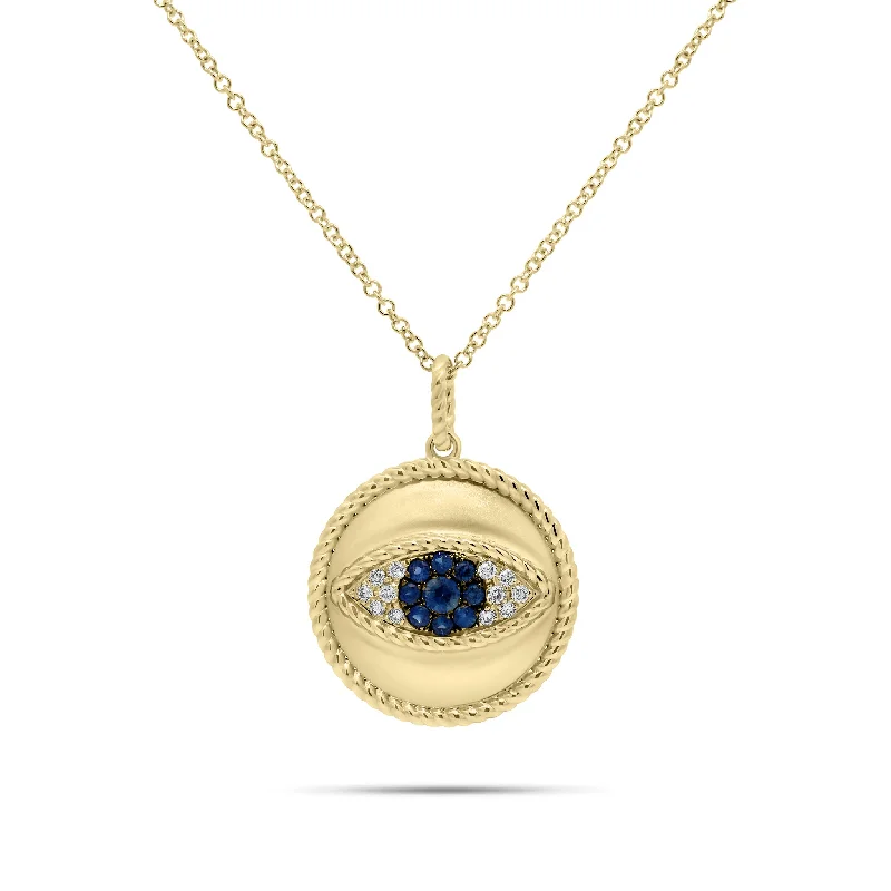 Women’s rose gold chain necklaces-Sapphire & Diamond Evil Eye Pendant with Rope Edge