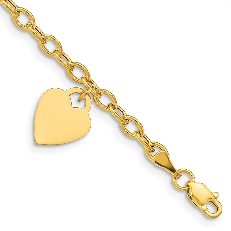 Women’s personalized charm bangles-14k Yellow Gold 10.5mm Dangle Heart Bracelet, 7.5"