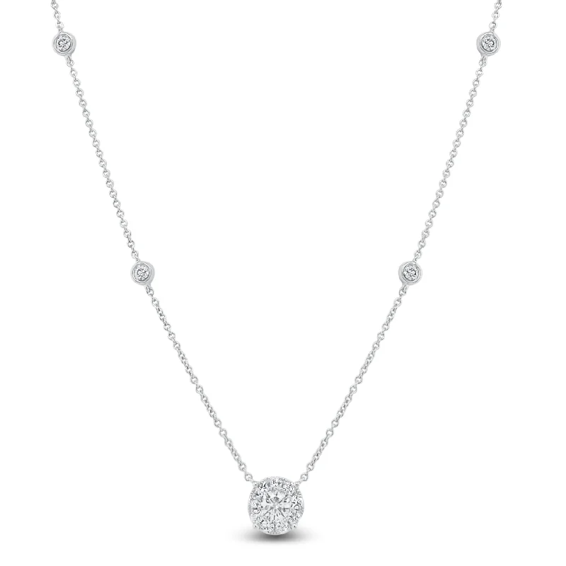 Women’s circle necklaces-Diamond Solitaire Halo and Bezel-Set Diamond Stations