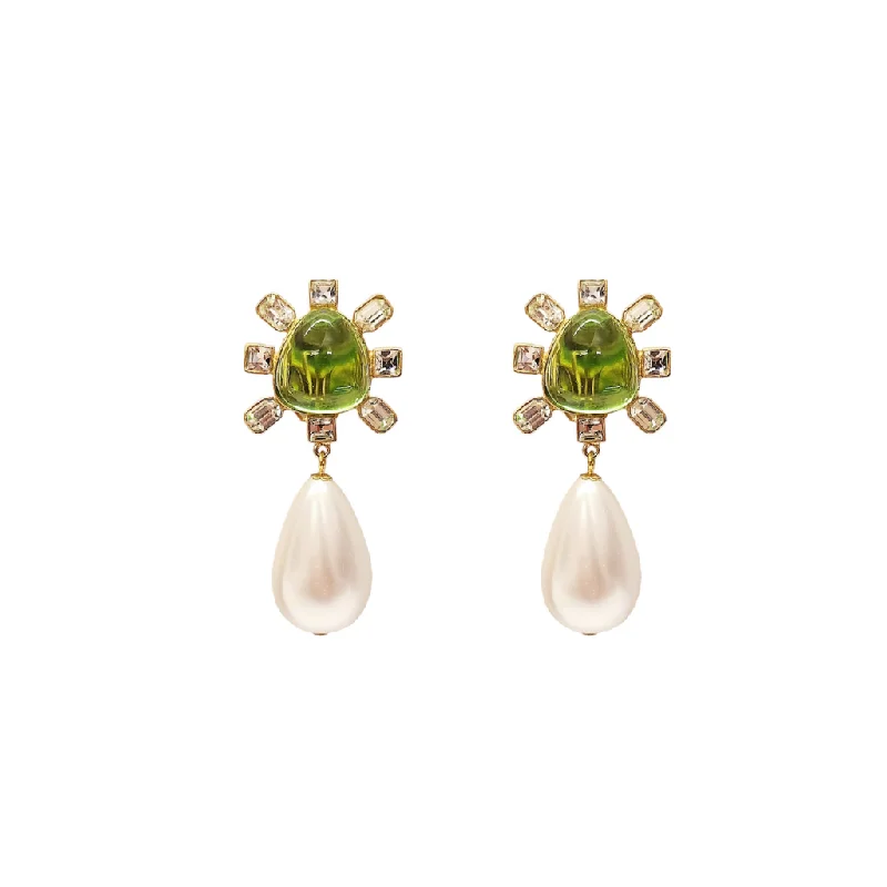 Women’s gold-plated necklaces-Clear Crystal and Peridot Cabochon Center Pearl Drop Clip Earring