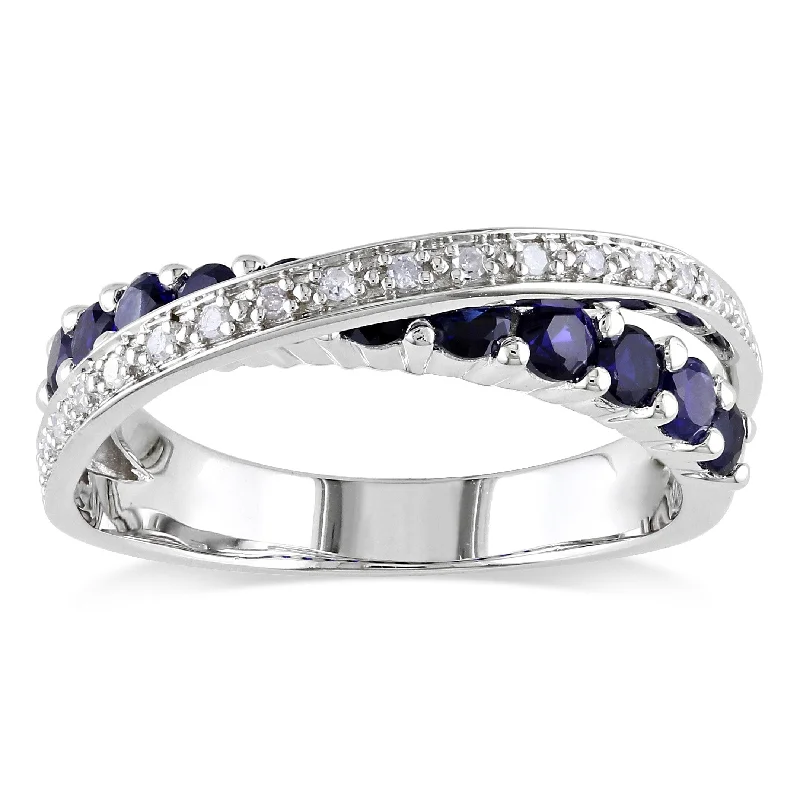 Women’s antique rings-Miadora Sterling Silver Blue Sapphire and 1/10ct TDW Diamond Crossover Ring