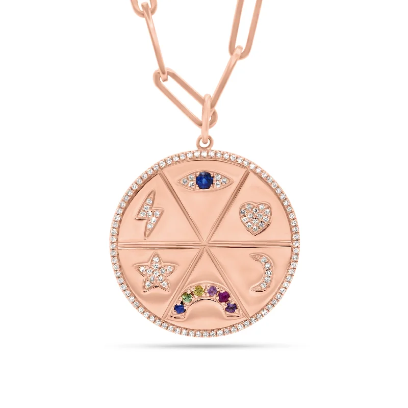 Women’s gemstone necklaces-Diamond & Multicolor Gemstone Lucky Symbols Large Disc Pendant