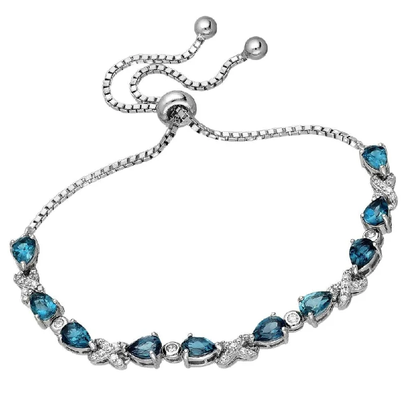 Women’s birthstone bangles-Sterling Silver London Blue Topaz & Clear CZ Teardrop Adjustable Bracelet