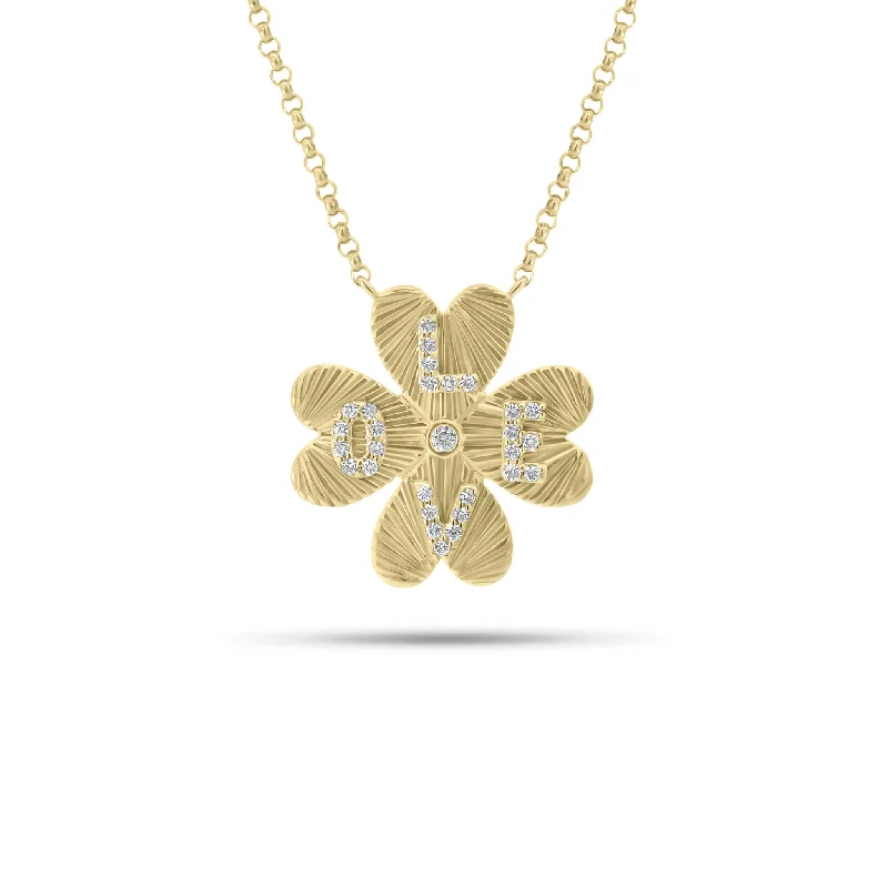 Women’s fashionable necklaces-Diamond & Fluted Gold Four Leaf Clover “Love” Pendant Necklace