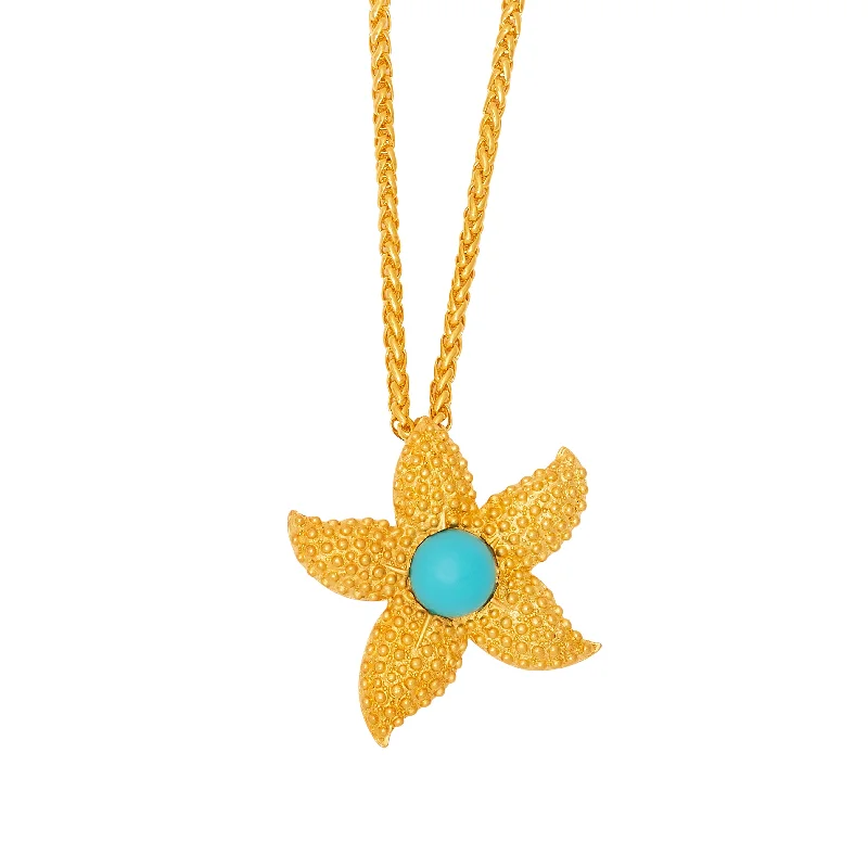 Women’s silver chain necklaces-Turquoise Center Starfish Pendant Chain Necklace