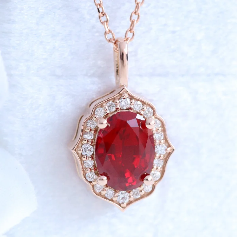 Women’s rose gold chain necklaces-Oval Ruby Diamond Necklace in 14k Gold Vintage Floral Halo Pendant