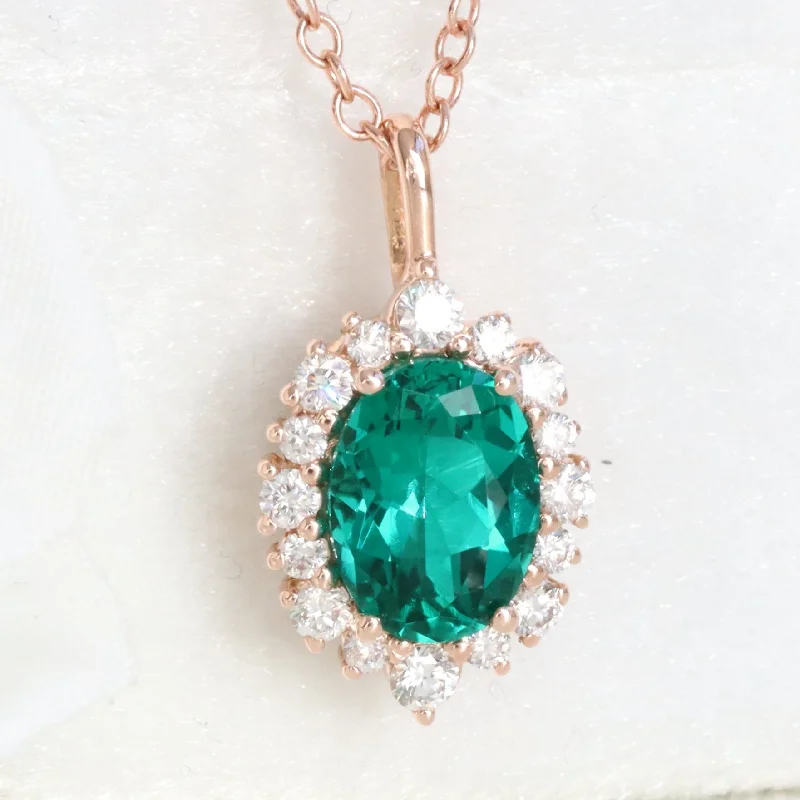 Women’s luxury diamond necklaces-Tiara Halo Oval Emerald Necklace w/ Diamonds in 14k Gold Drop Pendant