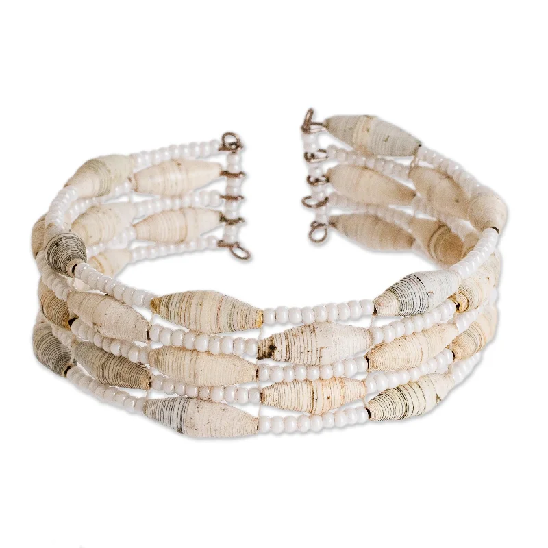 Women’s silver charm bracelets-Novica Handmade Nature Of Life In White Recycled Paper Beaded Cuff Bracelet