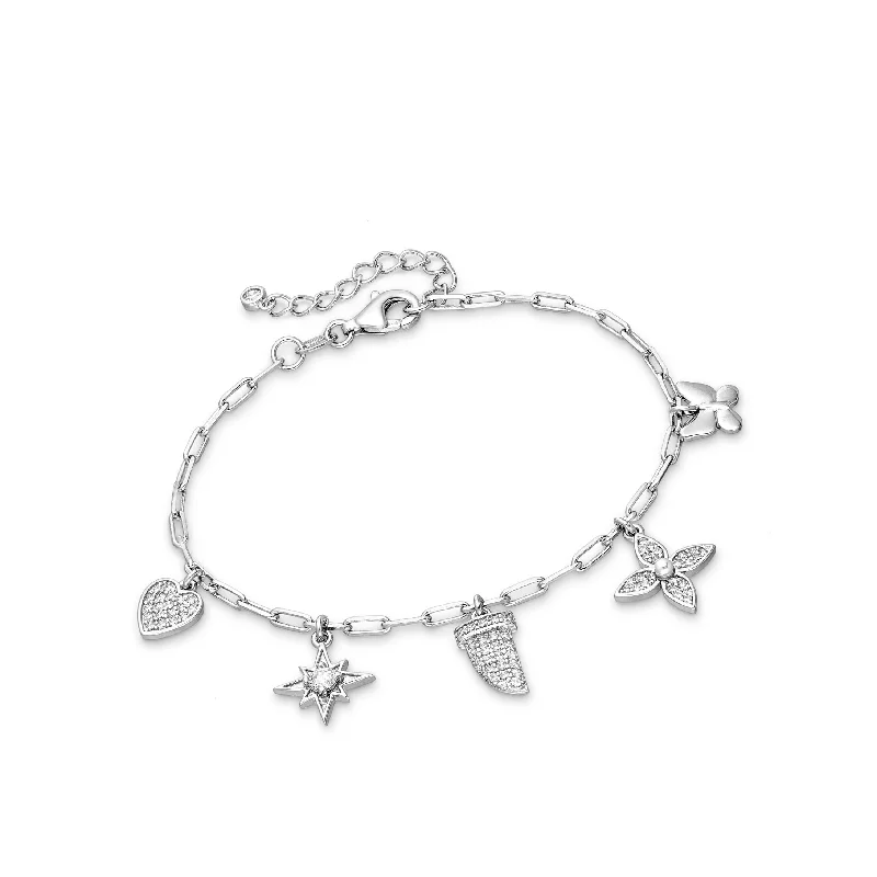 Women’s fancy bracelets-Sterling Silver & Cubic Zirconia Pave Floral Star Heart Charm Bracelet