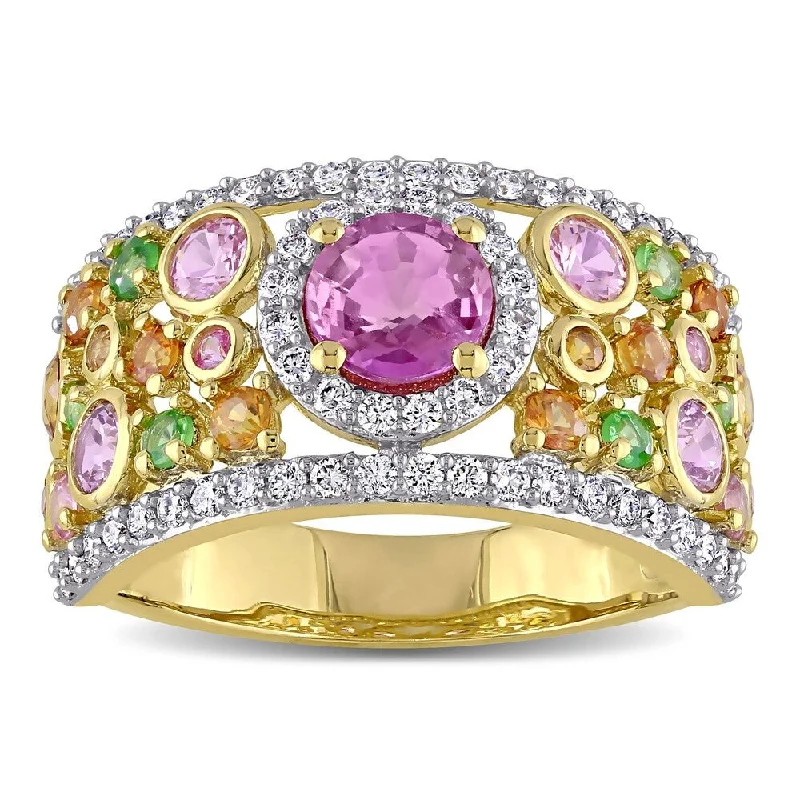 Women’s sapphire rings-Miadora 14k Yellow Gold Multi-Color Sapphire Tsavorite and 1/2ct TDW Diamond Cluster Band Ring