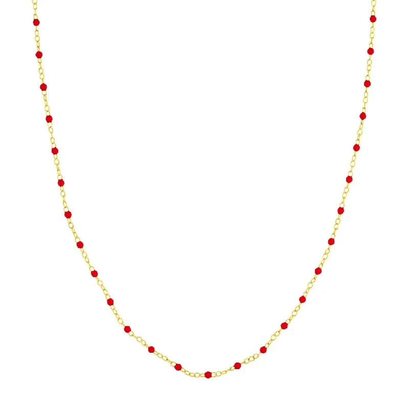 Women’s cocktail gemstone rings-Curata 14k Yellow Gold 18" Red Enamel Bead Piatto Chain Necklace (Spring-ring)