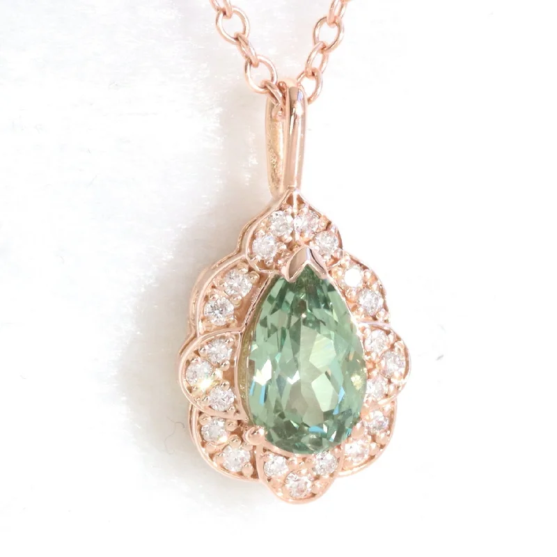 Women’s boho-style necklaces-Pear Green Sapphire Necklace in 14k Gold Vintage Floral Diamond Pendant