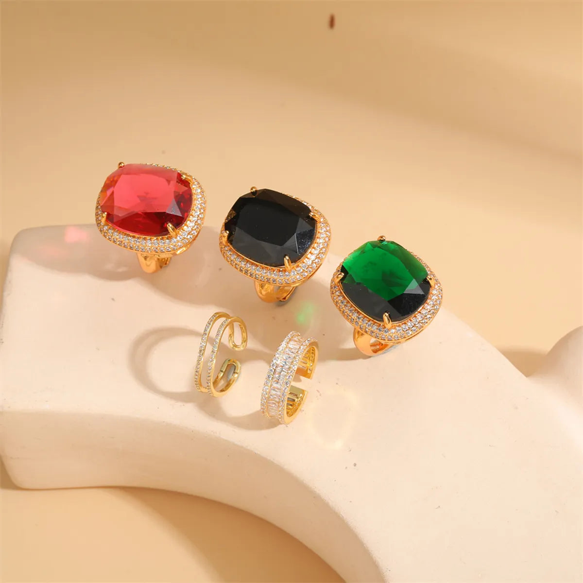 Women’s fashion gold rings-Elegant Classical Vintage Style Square Copper Plating Inlay Zircon 14k Gold Plated Open Rings