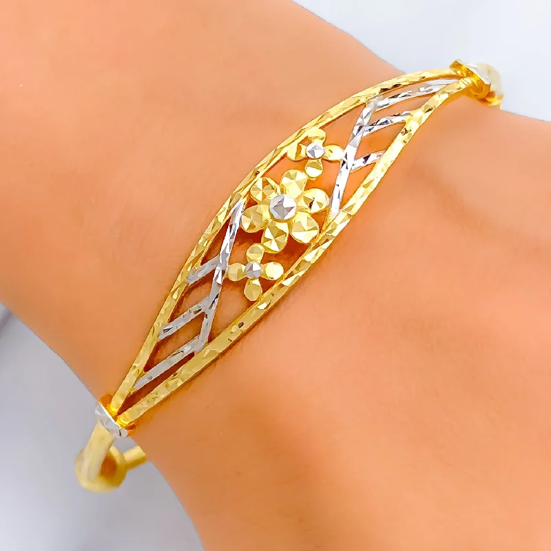 Women’s silver bracelets-Luminescent Two-Tone 22k Gold Floral Bangle Bracelet