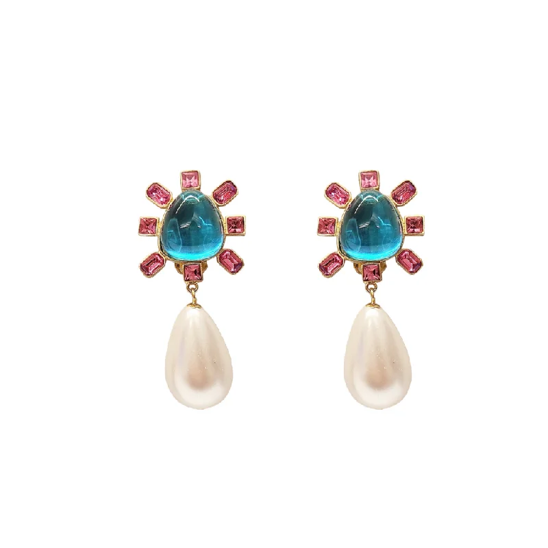 Women’s minimalist necklaces-Pink and Aqua Cabochon Center Pearl Drop Clip Earring